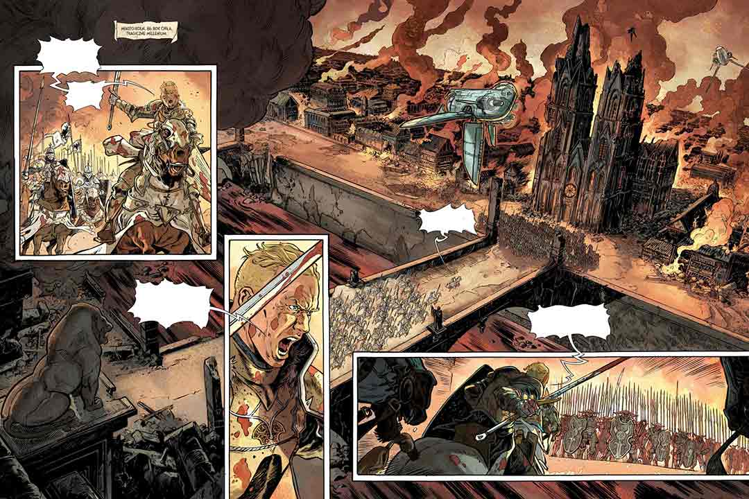 Strona z komiksu Hawkmoon tom 1 Czarny klejnot, Bitwa pod Kamargiem.