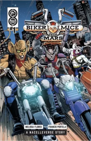 Okładka oryginalna komiksu Biker Mice from Mars (Motomyszy z Marsa). Autorzy: Melissa Flores, Francis Portela. Zapowiedź Lost In Time.