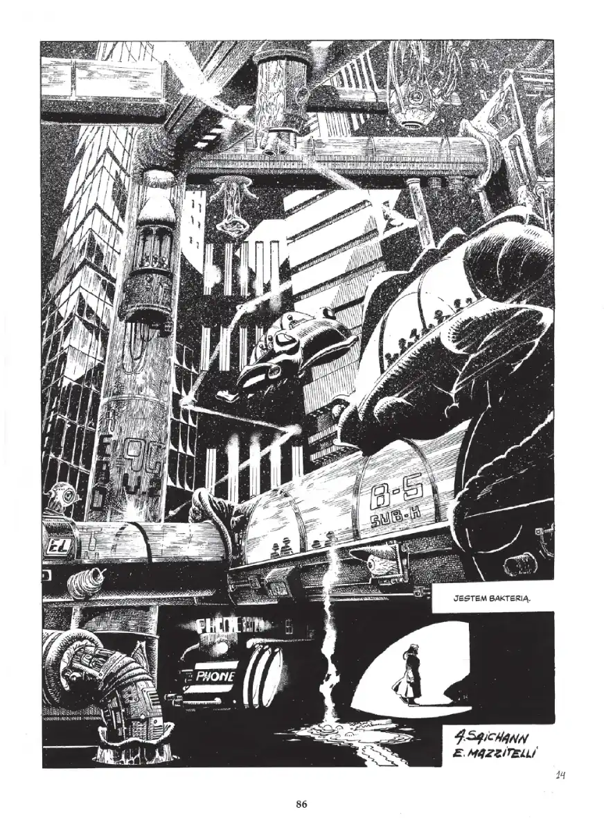 Przykładowa plansza z komiksu "Kwiat, Bakteria, Bronx". Alberto Saichann, Ricardo Ferrari, Eduardo Mazzitelli. Wydawnictwo Lost In Time.