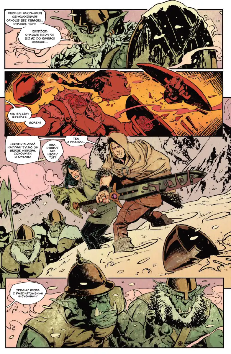 Przykładowa strona z komiksu Barbaric. Księga 2: Na pieńku / Będzie piekło. Michael Moreci, Nicholas Eames, Nathan Gooden. Wydawnictwo Lost In Time.