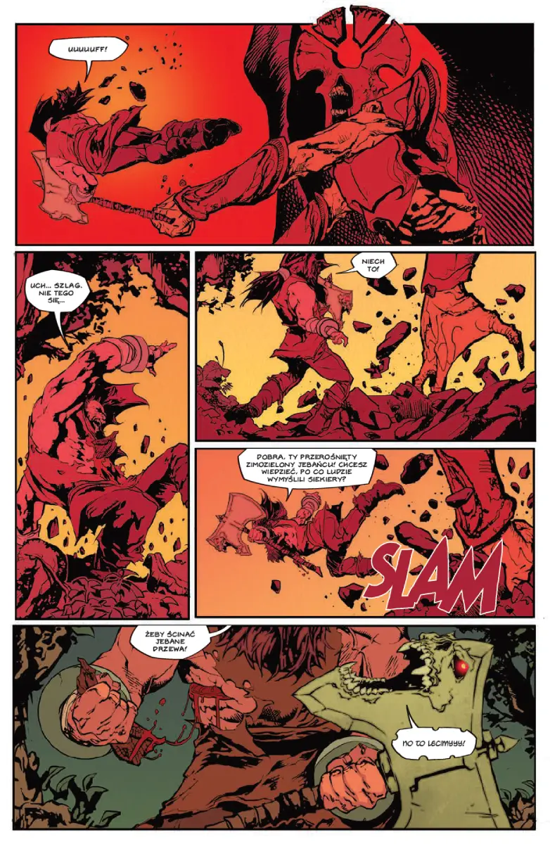 Przykładowa strona z komiksu Barbaric. Księga 2: Na pieńku / Będzie piekło. Michael Moreci, Nicholas Eames, Nathan Gooden. Wydawnictwo Lost In Time.