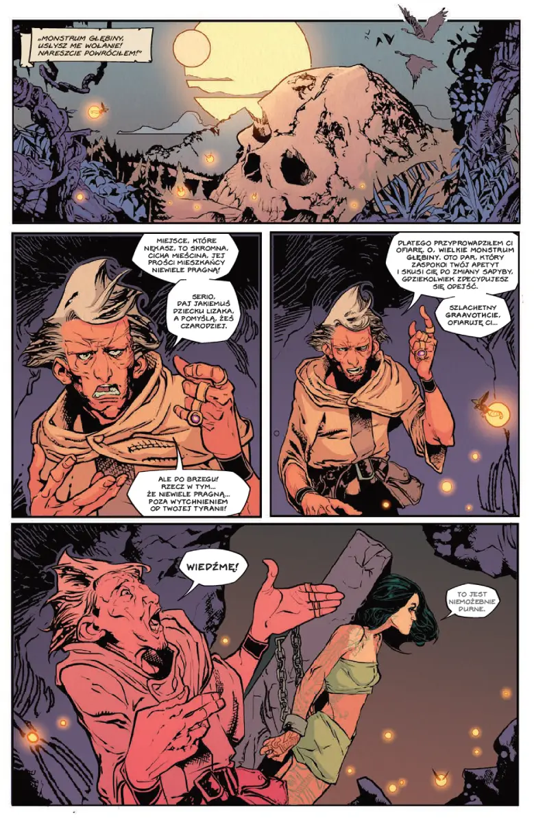 Przykładowa strona z komiksu Barbaric. Księga 2: Na pieńku / Będzie piekło. Michael Moreci, Nicholas Eames, Nathan Gooden. Wydawnictwo Lost In Time.