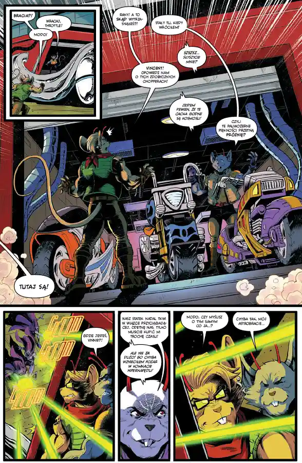Przykładowa strona z komiksu Motomyszy z Marsa. Tom 2: Międzygalaktyczna odyseja.